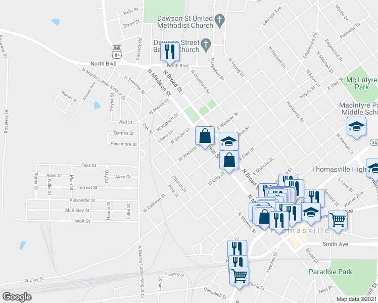 map of restaurants, bars, coffee shops, grocery stores, and more near 300 West Webster Street in Thomasville