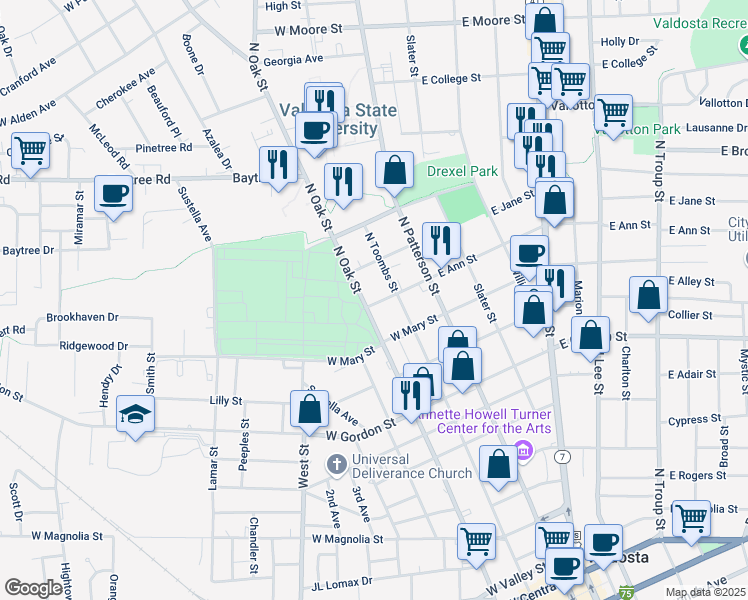 map of restaurants, bars, coffee shops, grocery stores, and more near 208 West Ann Street in Valdosta