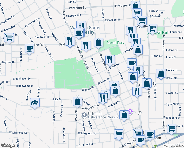 map of restaurants, bars, coffee shops, grocery stores, and more near 1208 North Toombs Street in Valdosta