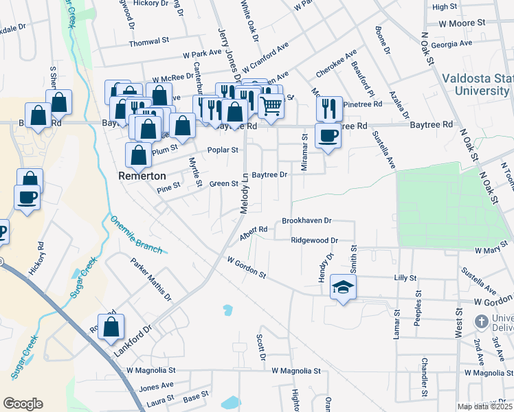 map of restaurants, bars, coffee shops, grocery stores, and more near 1199 Melody Lane in Valdosta