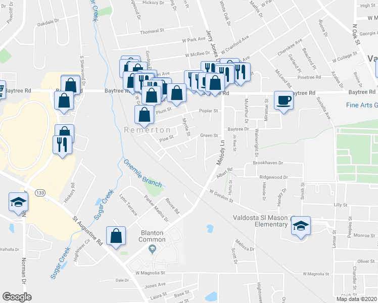 map of restaurants, bars, coffee shops, grocery stores, and more near 7 Green Street in Valdosta