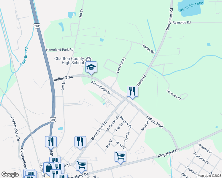 map of restaurants, bars, coffee shops, grocery stores, and more near 48 Indian Trail in Folkston