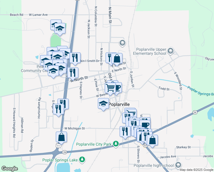 map of restaurants, bars, coffee shops, grocery stores, and more near 284 West Pearl Street in Poplarville