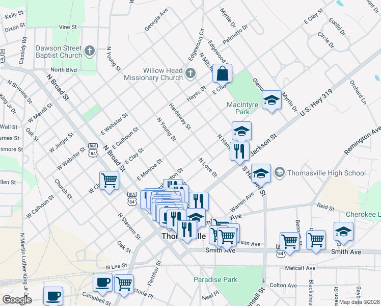 map of restaurants, bars, coffee shops, grocery stores, and more near 217 Hardaway Street in Thomasville