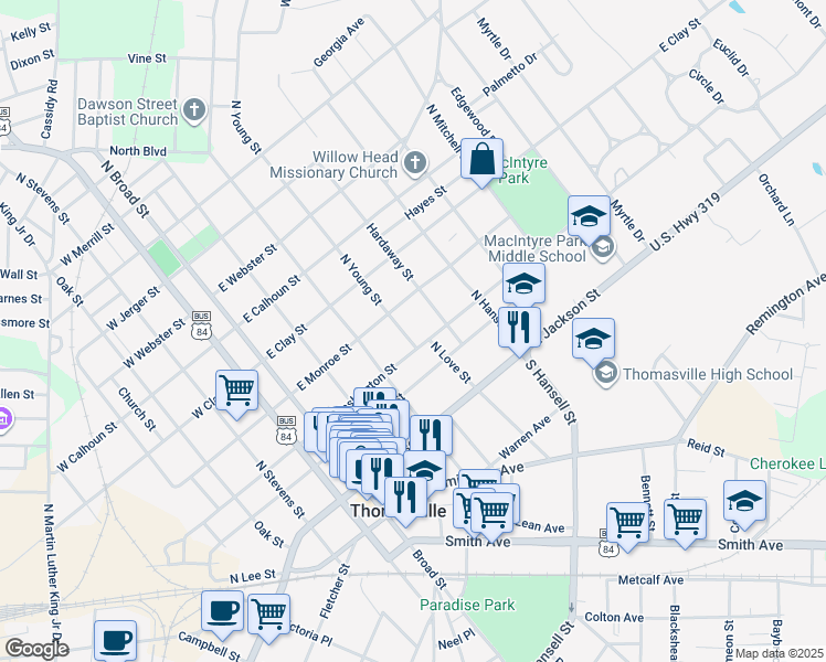 map of restaurants, bars, coffee shops, grocery stores, and more near 217 Hardaway Street in Thomasville