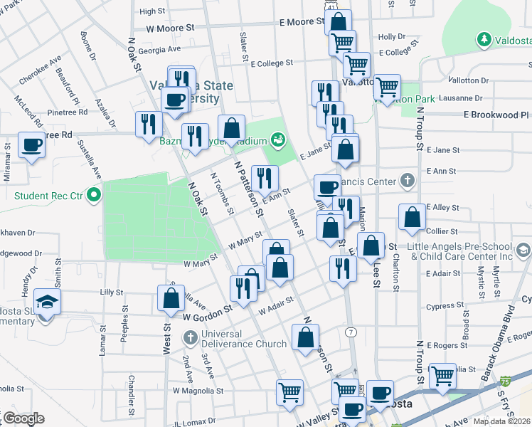 map of restaurants, bars, coffee shops, grocery stores, and more near 1111 North Patterson Street in Valdosta