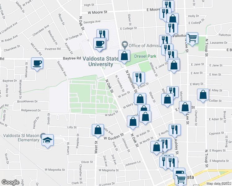 map of restaurants, bars, coffee shops, grocery stores, and more near 1205 North Oak Street in Valdosta