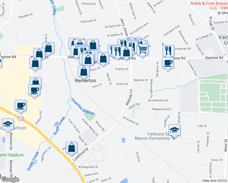 map of restaurants, bars, coffee shops, grocery stores, and more near 1533 Woodard Street in Valdosta