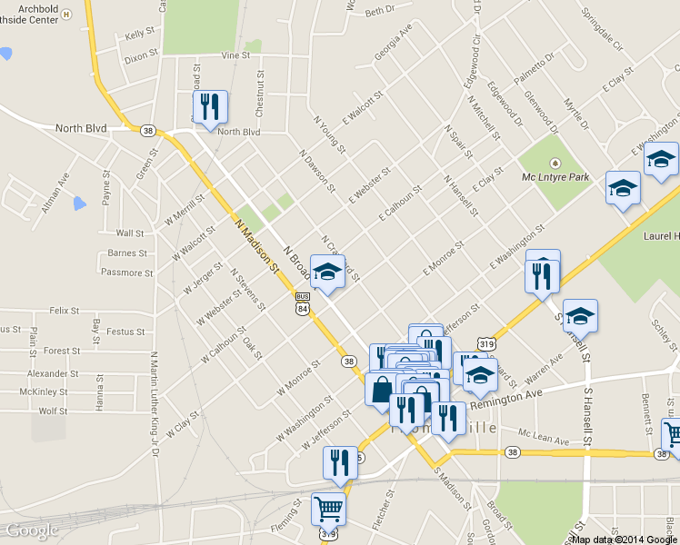 map of restaurants, bars, coffee shops, grocery stores, and more near 513 N Crawford St in Thomasville