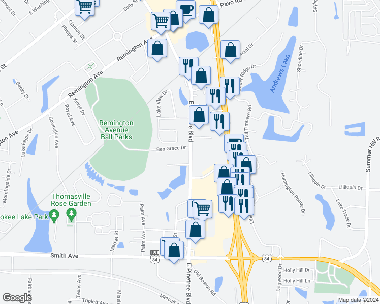 map of restaurants, bars, coffee shops, grocery stores, and more near 2010 East Pinetree Boulevard in Thomasville