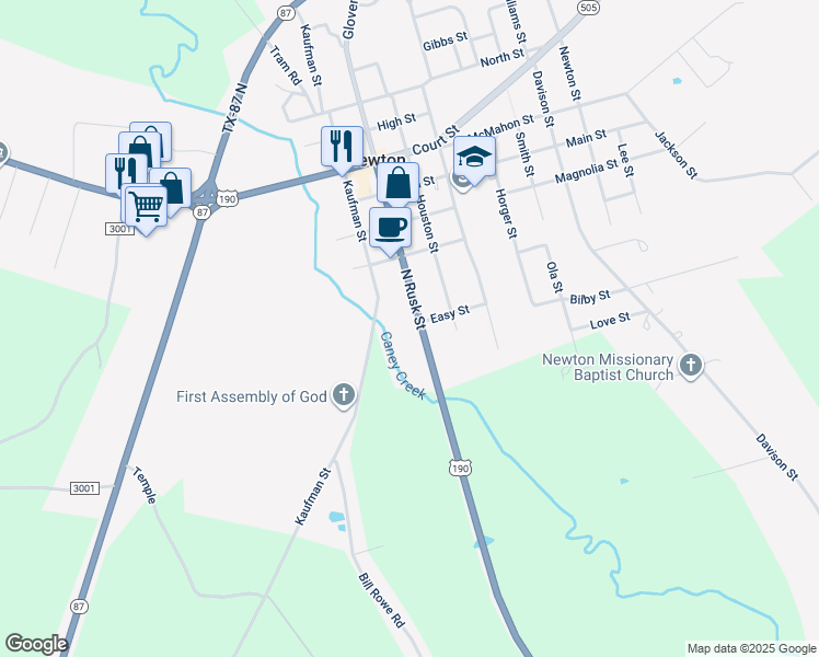map of restaurants, bars, coffee shops, grocery stores, and more near 802 North Rusk Street in Newton