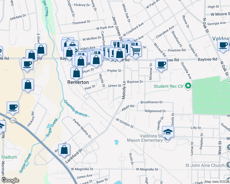 map of restaurants, bars, coffee shops, grocery stores, and more near 1328 Edgewood Drive in Valdosta