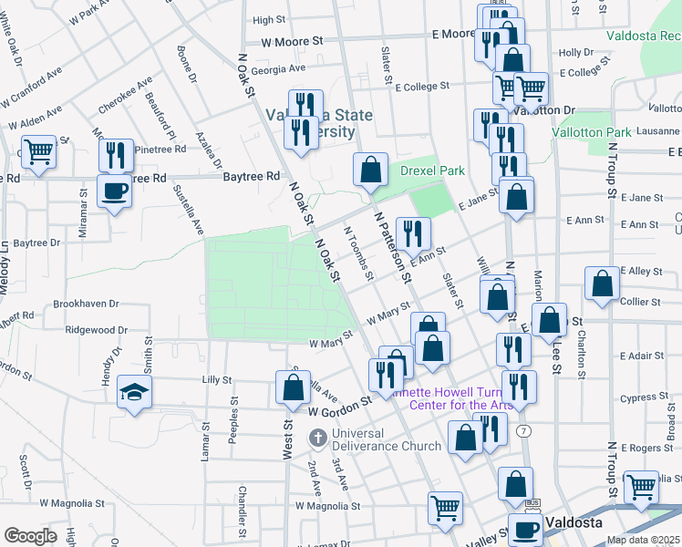 map of restaurants, bars, coffee shops, grocery stores, and more near 1209 North Oak Street in Valdosta