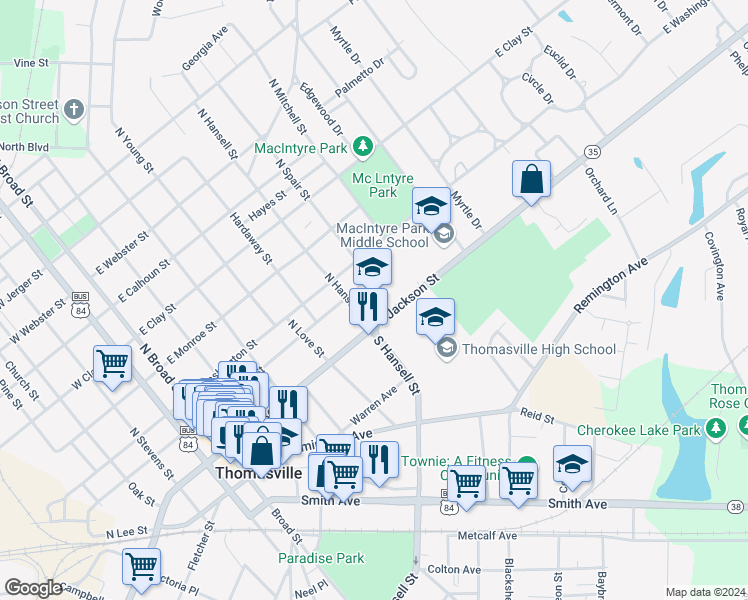 map of restaurants, bars, coffee shops, grocery stores, and more near 100 North Hansell Street in Thomasville