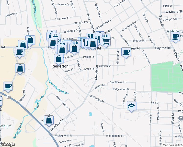 map of restaurants, bars, coffee shops, grocery stores, and more near 1314 Hastings Drive in Valdosta
