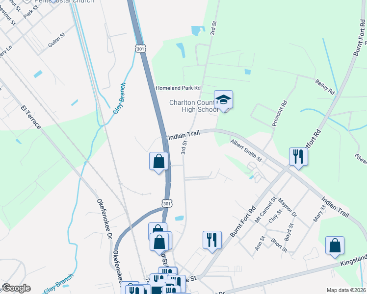 map of restaurants, bars, coffee shops, grocery stores, and more near 706 3rd Street in Folkston