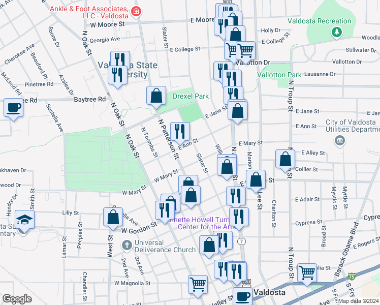 map of restaurants, bars, coffee shops, grocery stores, and more near 105 East Ann Street in Valdosta