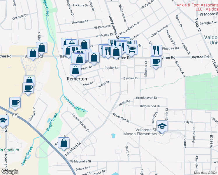 map of restaurants, bars, coffee shops, grocery stores, and more near 1331 Edgewood Drive in Valdosta