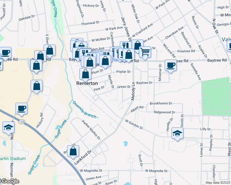 map of restaurants, bars, coffee shops, grocery stores, and more near 7 Green Street in Valdosta