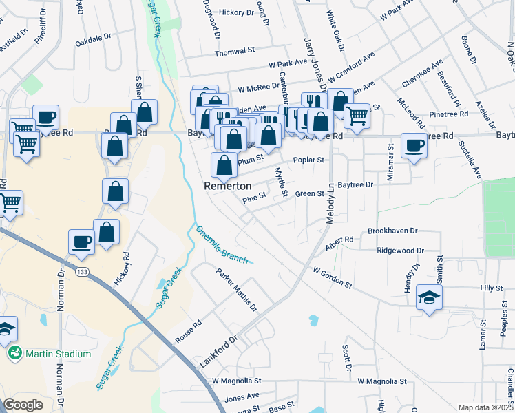 map of restaurants, bars, coffee shops, grocery stores, and more near 6 Green Street in Valdosta