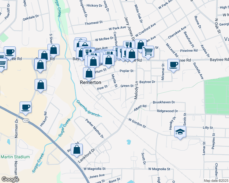 map of restaurants, bars, coffee shops, grocery stores, and more near 7 Green Street in Valdosta