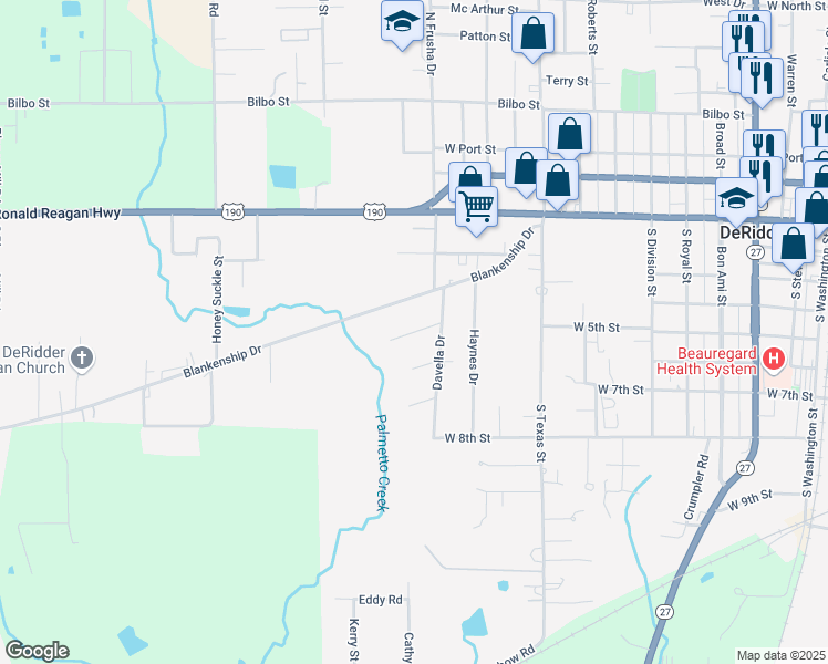 map of restaurants, bars, coffee shops, grocery stores, and more near 1309 Sunnyside Drive in DeRidder