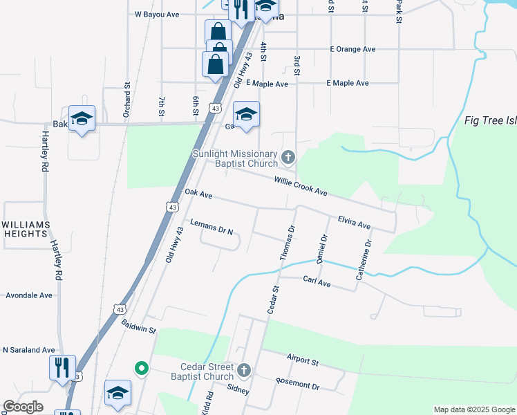 map of restaurants, bars, coffee shops, grocery stores, and more near 50 Oak Avenue in Satsuma