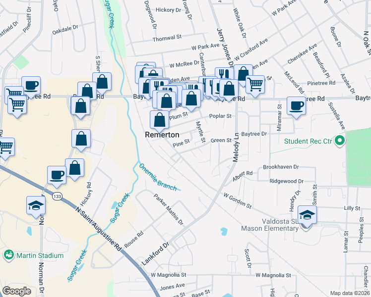 map of restaurants, bars, coffee shops, grocery stores, and more near 1490 Green Street in Valdosta