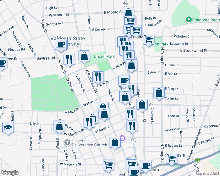 map of restaurants, bars, coffee shops, grocery stores, and more near 1107 Slater Street in Valdosta