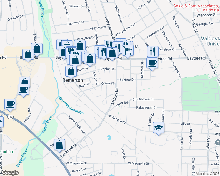 map of restaurants, bars, coffee shops, grocery stores, and more near 1204 Melody Lane in Valdosta