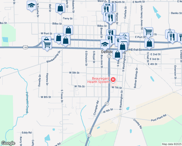 map of restaurants, bars, coffee shops, grocery stores, and more near 506 West 5th Street in DeRidder
