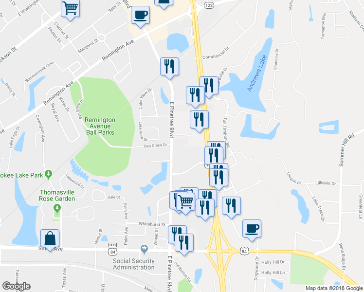 map of restaurants, bars, coffee shops, grocery stores, and more near 2010 East Pinetree Boulevard in Thomasville