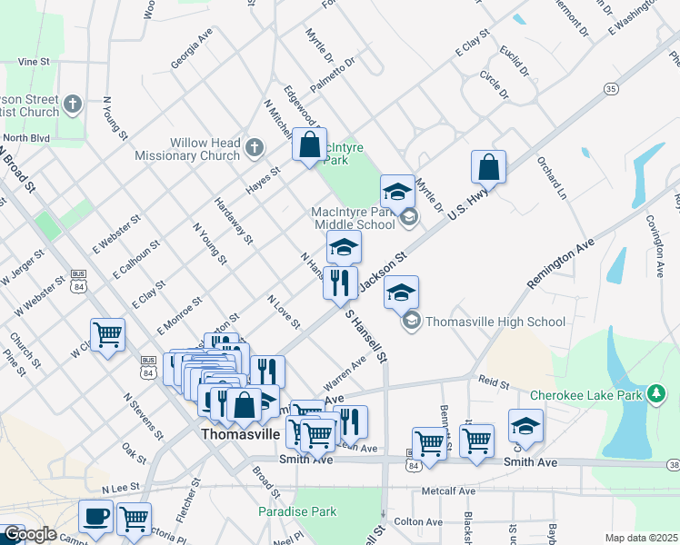 map of restaurants, bars, coffee shops, grocery stores, and more near 120 North Hansell Street in Thomasville
