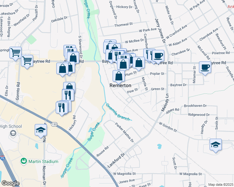 map of restaurants, bars, coffee shops, grocery stores, and more near 1795 Wayland Park Drive in Valdosta