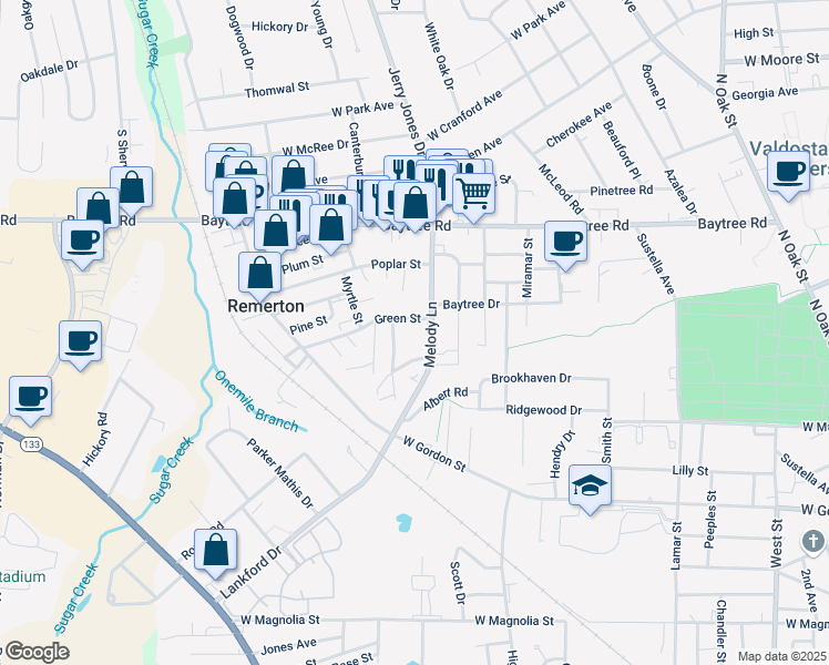 map of restaurants, bars, coffee shops, grocery stores, and more near 1203 Melody Lane in Valdosta