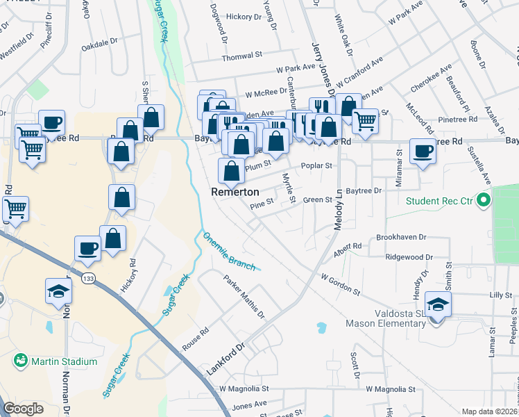 map of restaurants, bars, coffee shops, grocery stores, and more near 6 Green Street in Valdosta