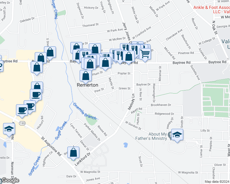map of restaurants, bars, coffee shops, grocery stores, and more near 1459 Green Street in Valdosta