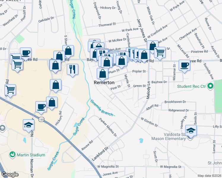 map of restaurants, bars, coffee shops, grocery stores, and more near 1505 Pine Street in Valdosta