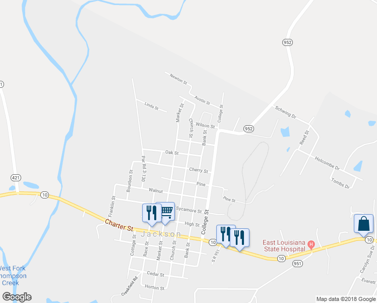 map of restaurants, bars, coffee shops, grocery stores, and more near 3716 Church Street in Jackson