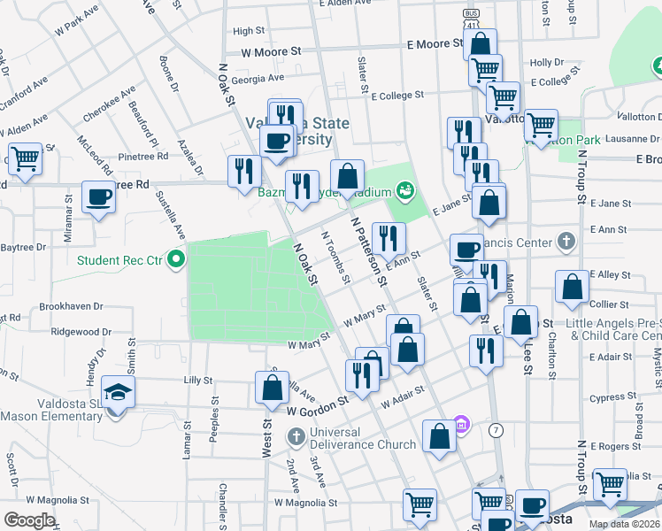 map of restaurants, bars, coffee shops, grocery stores, and more near 1208 North Toombs Street in Valdosta