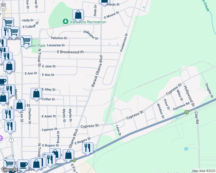 map of restaurants, bars, coffee shops, grocery stores, and more near 803 Ponderosa Drive in Valdosta