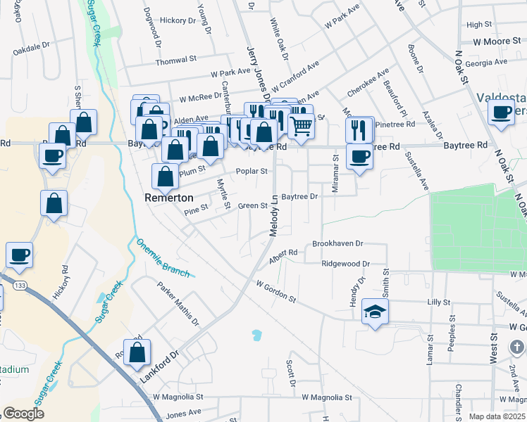 map of restaurants, bars, coffee shops, grocery stores, and more near 1203 Melody Lane in Valdosta
