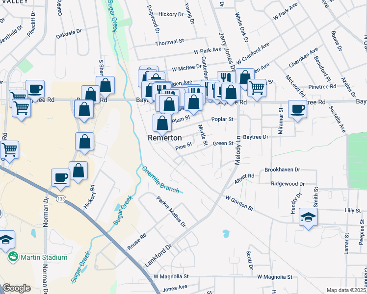 map of restaurants, bars, coffee shops, grocery stores, and more near 6 Green Street in Valdosta