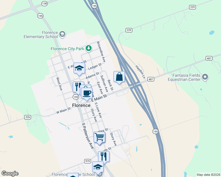 map of restaurants, bars, coffee shops, grocery stores, and more near 100 Sullivan Avenue in Florence