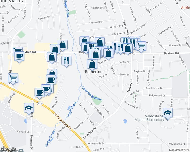 map of restaurants, bars, coffee shops, grocery stores, and more near 1787 West Gordon Street in Valdosta