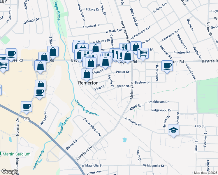 map of restaurants, bars, coffee shops, grocery stores, and more near 7 Green Street in Valdosta