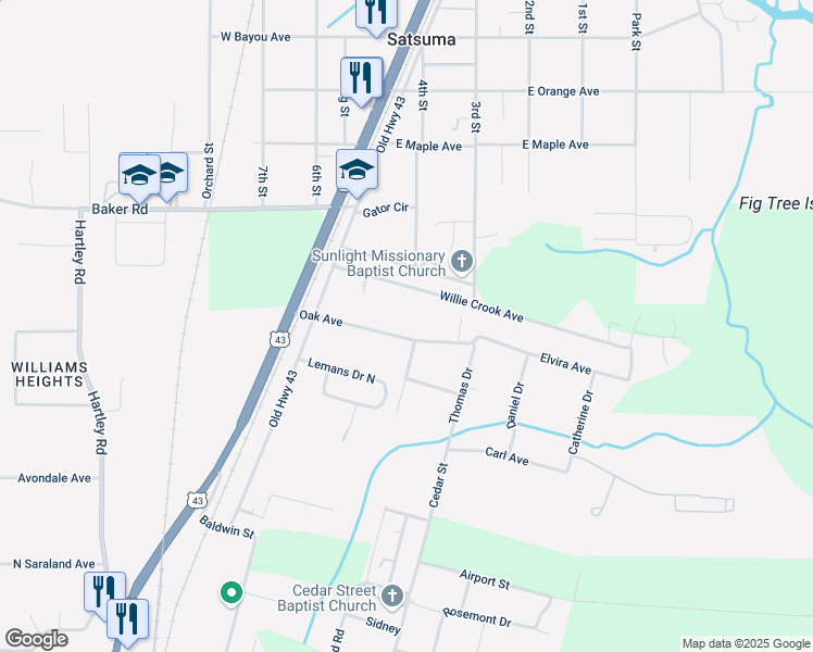 map of restaurants, bars, coffee shops, grocery stores, and more near 50-72 Oak Street in Satsuma