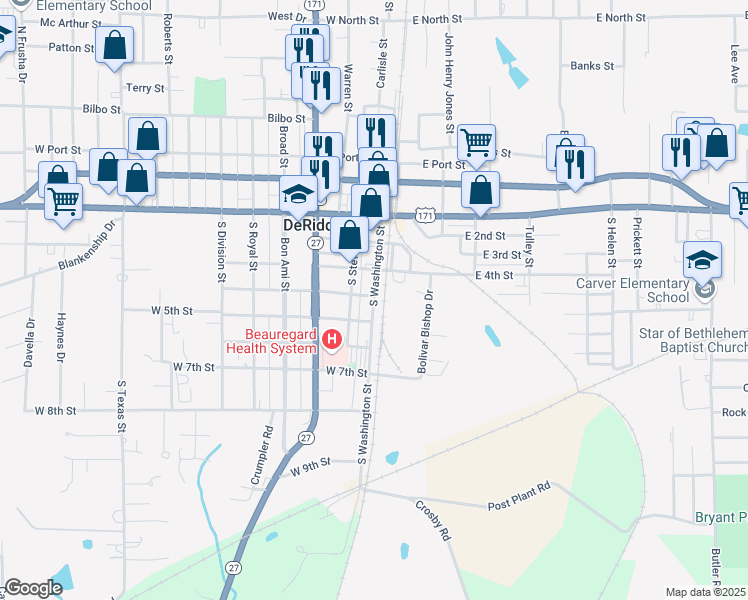 map of restaurants, bars, coffee shops, grocery stores, and more near 411 South Washington Street in DeRidder