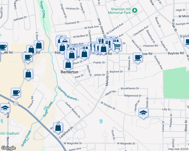 map of restaurants, bars, coffee shops, grocery stores, and more near 1331A Edgewood Drive in Valdosta