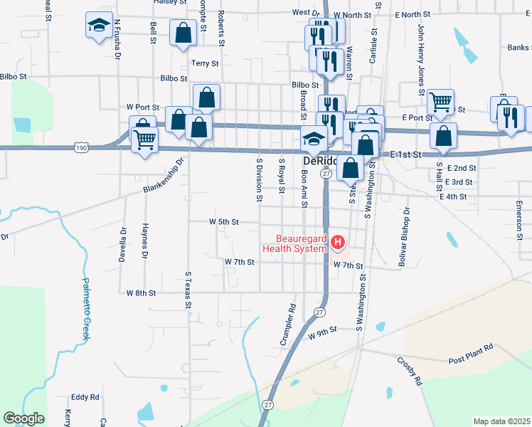 map of restaurants, bars, coffee shops, grocery stores, and more near 506 West 5th Street in DeRidder